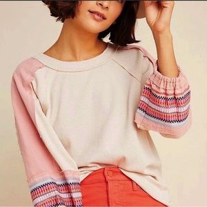 Anthropologie Ella Mara Jas Embroidered Sleeve Waffle Top